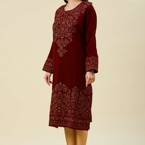 Maroon Floral Woven Woolen Straight Kurti