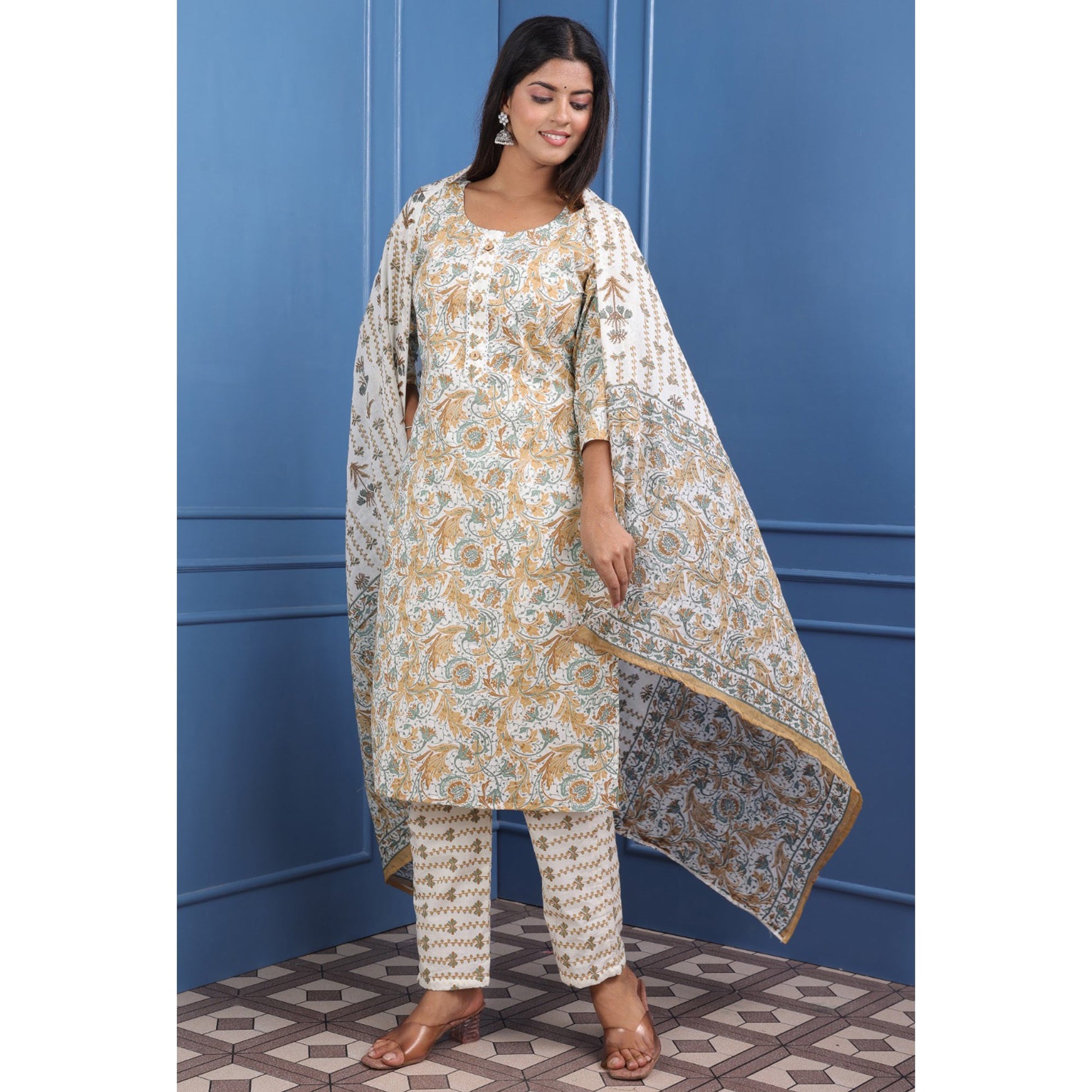 Cream And Brown Floral Printed Pure Cotton Suit