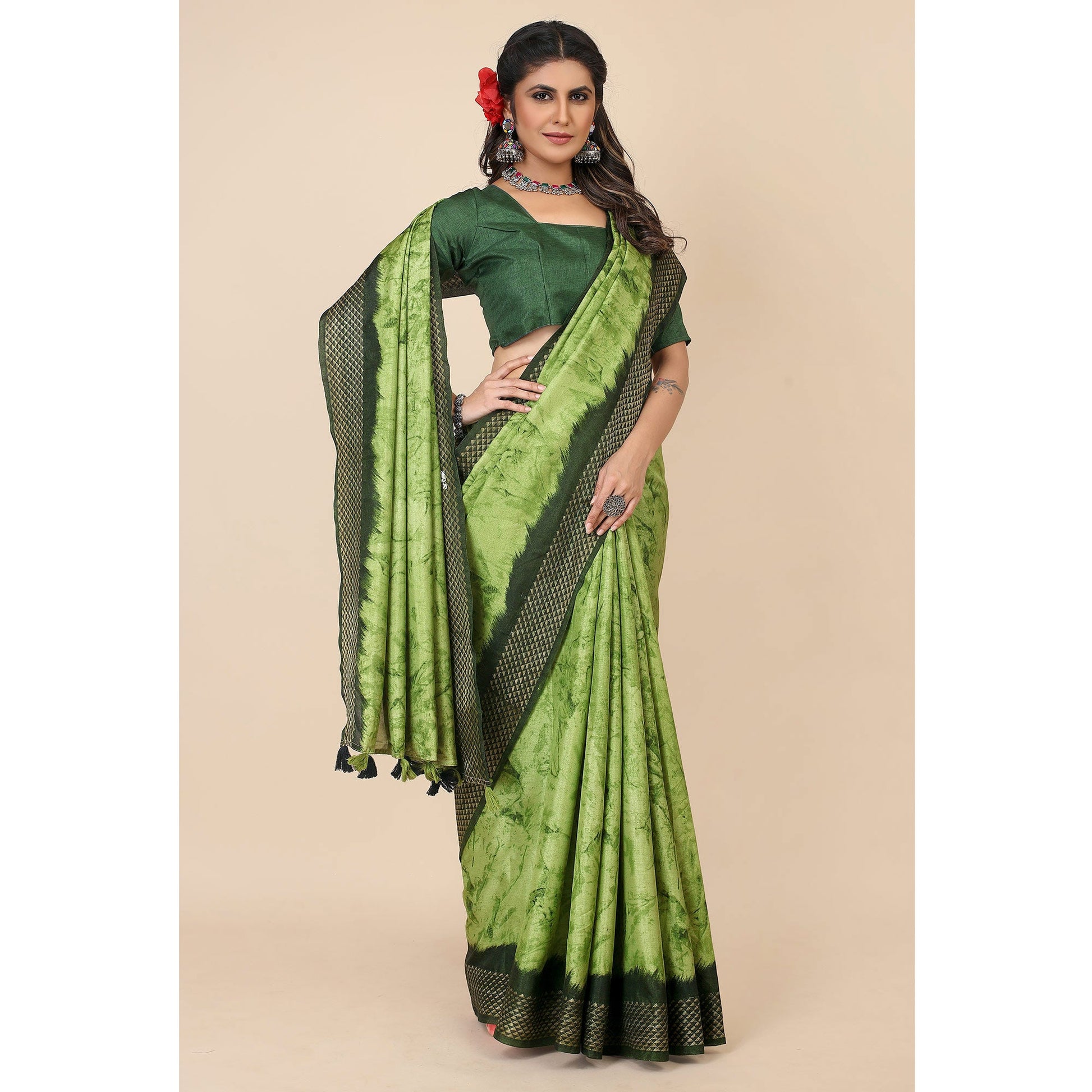 green-printed-cotton-silk-saree-with-zari-border