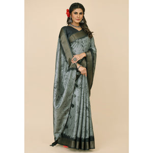 Grey Printed Cotton Silk Saree With Zari Border