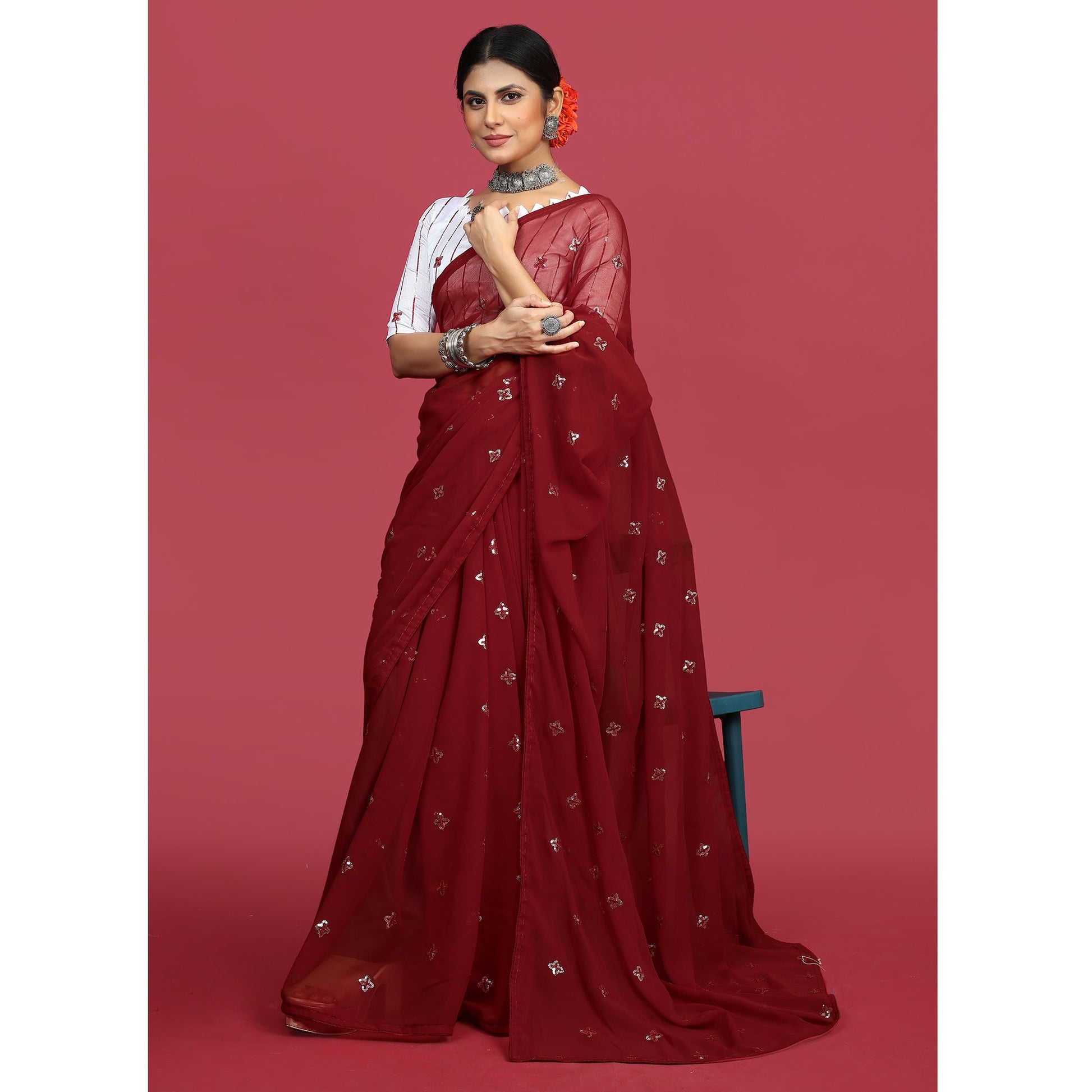 Maroon Sequins Embroidered Georgette Saree