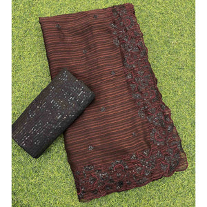 Dark Maroon Sequins Embroidered Chiffon Saree
