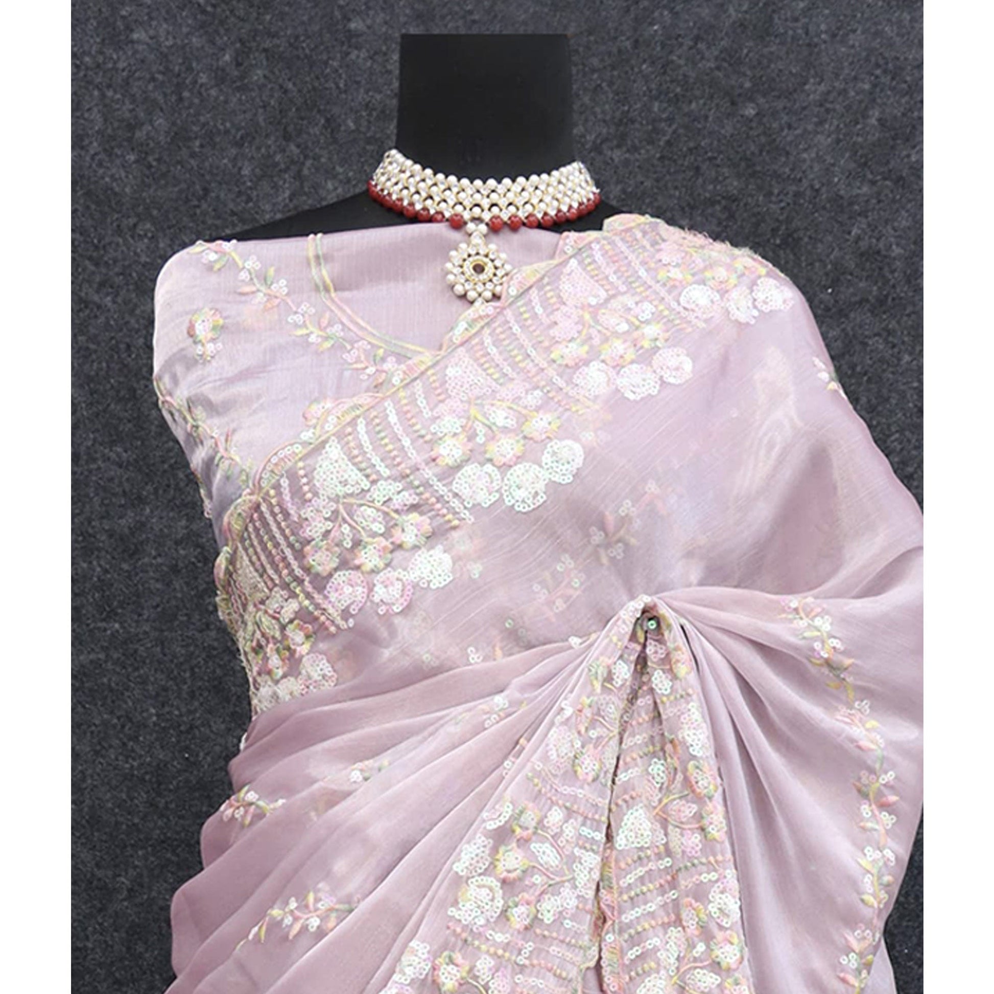 Light Mauve Sequins Embroidered Chiffon Saree