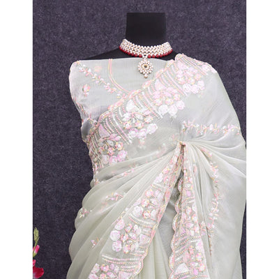 Light Pista Green Sequins Embroidered Chiffon Saree