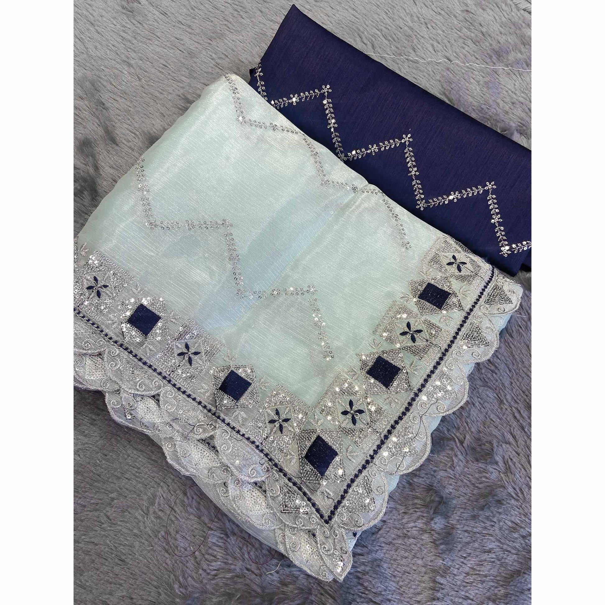 Light Blue Sequins Embroidered Chiffon Saree