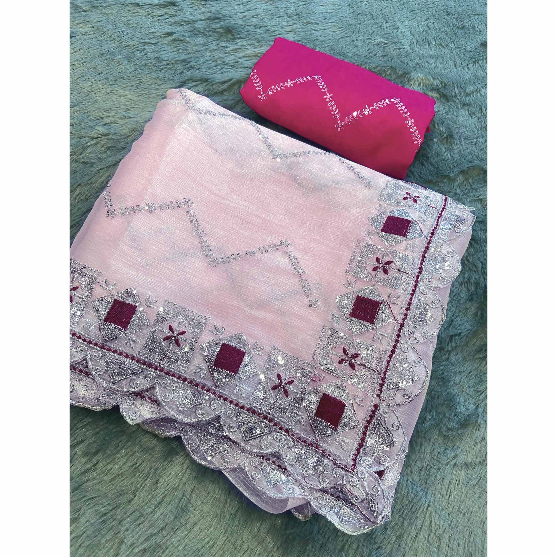 Light Pink Sequins Embroidered Chiffon Saree
