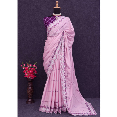 Light Pink Sequins Embroidered Chinon Saree