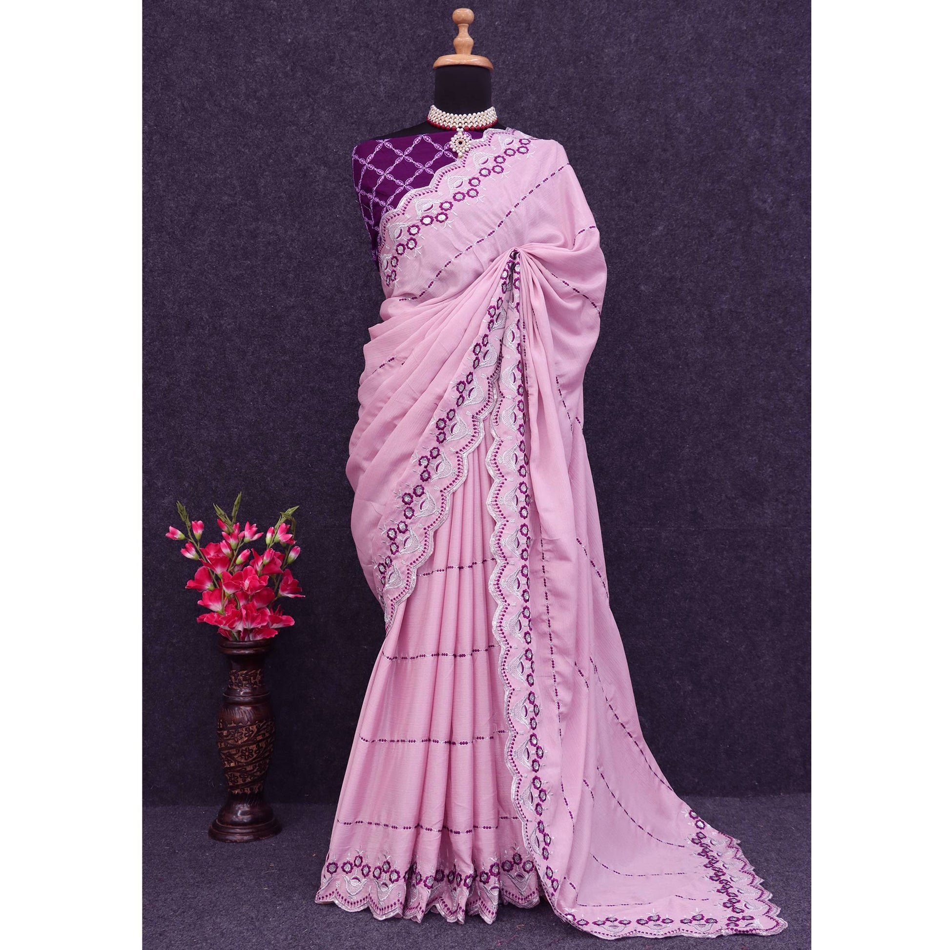 Light Pink Sequins Embroidered Chinon Saree
