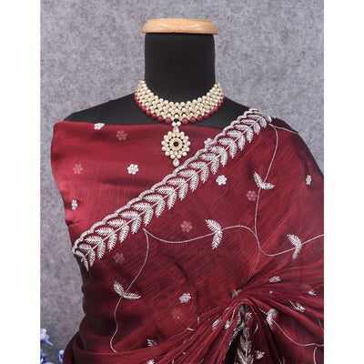 Maroon Sequins Embroidered Chiffon Silk Saree