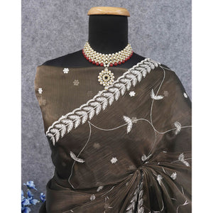 Mehendi Green Sequins Embroidered Chiffon Silk Saree