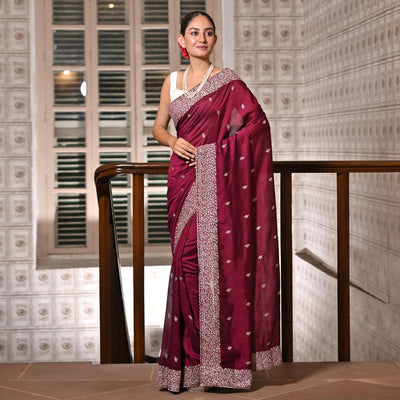 Maroon Embroidered Vichitra Silk Saree