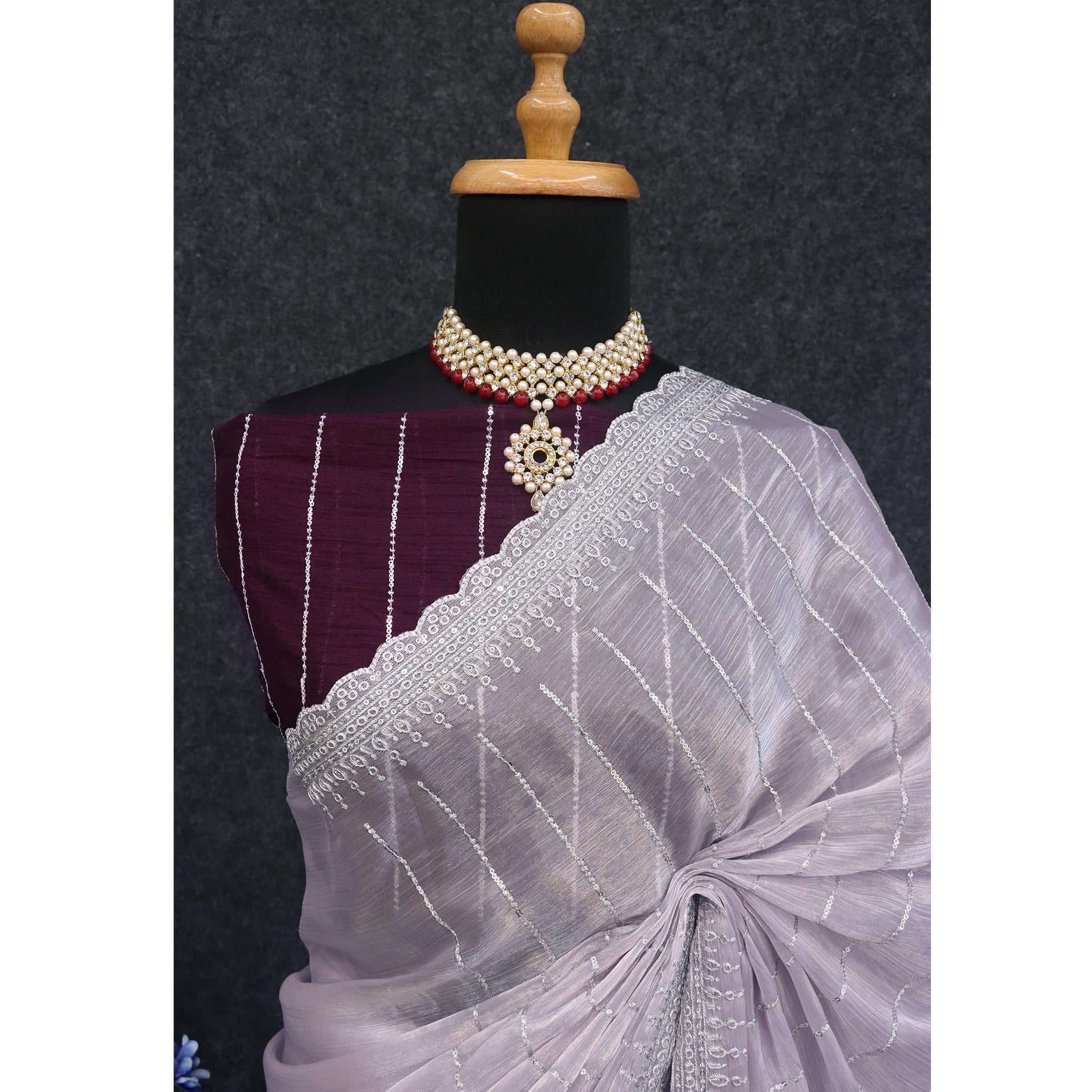 Lavender Sequins Embroidered Chiffon Silk Saree