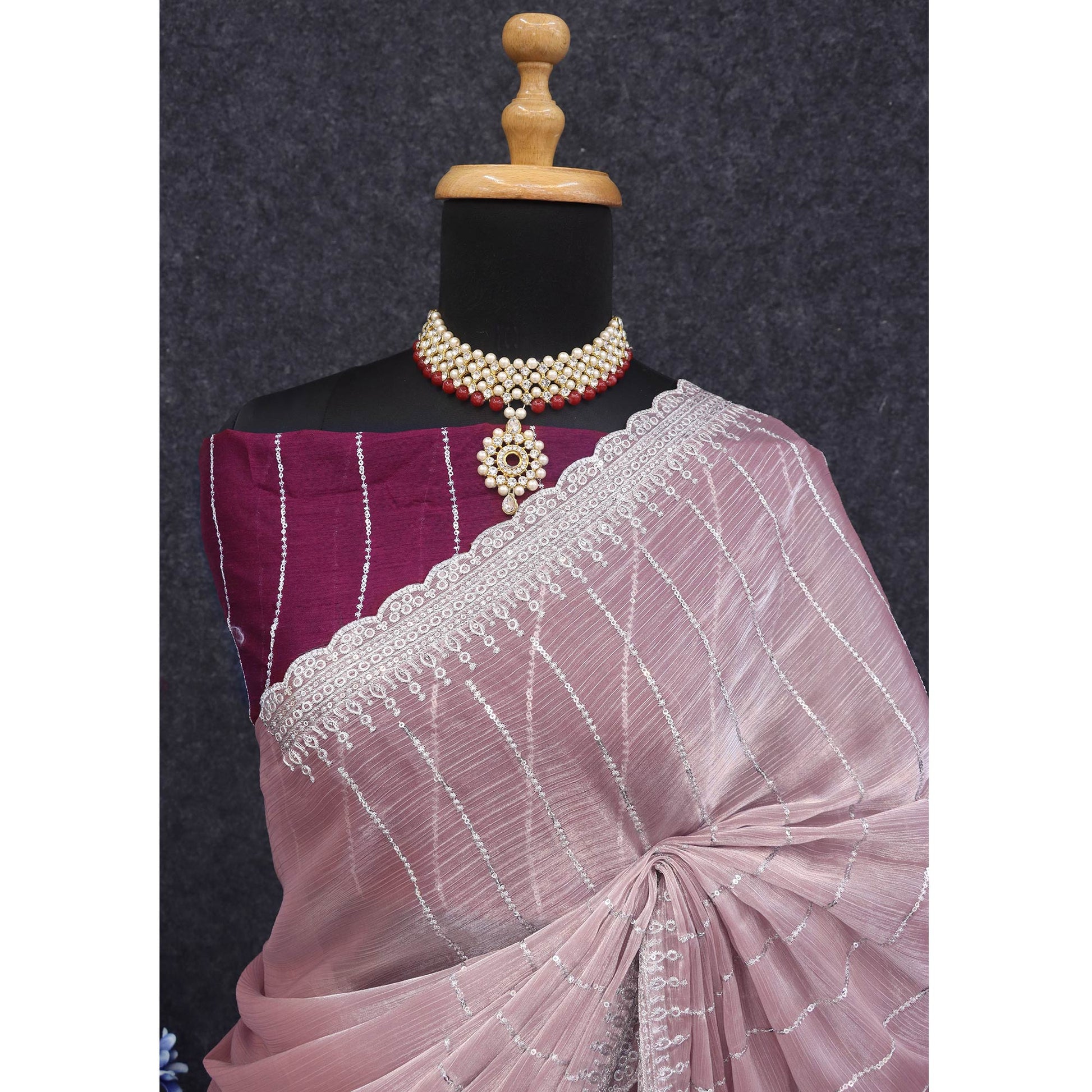 Light Mauve Sequins Embroidered Chiffon Silk Saree