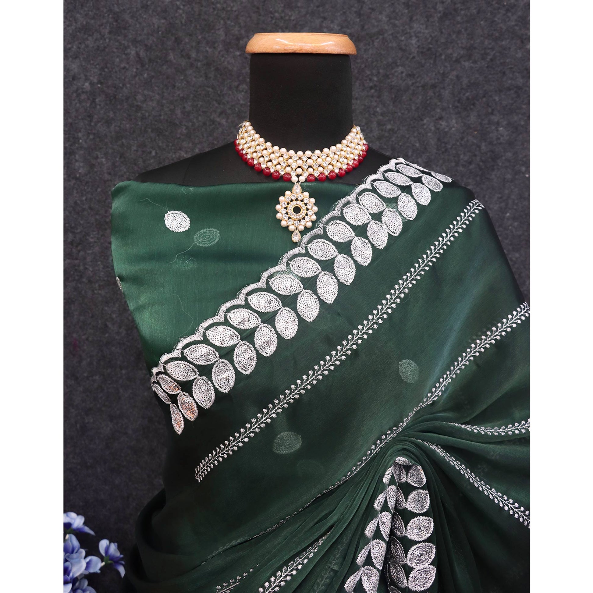 Bottle Green Sequins Embroidered Chiffon Silk Saree