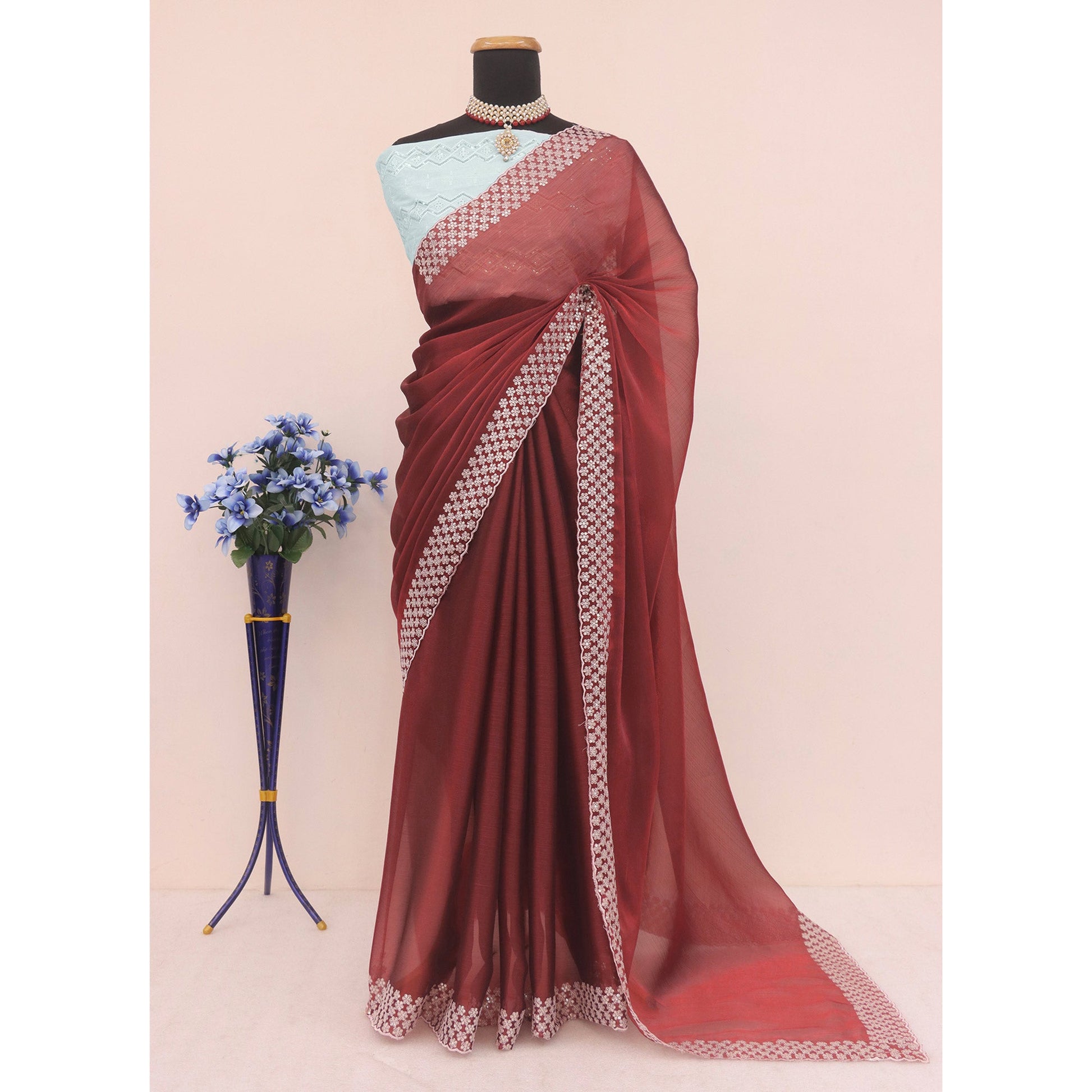 Maroon Sequins Embroidered Chiffon Saree