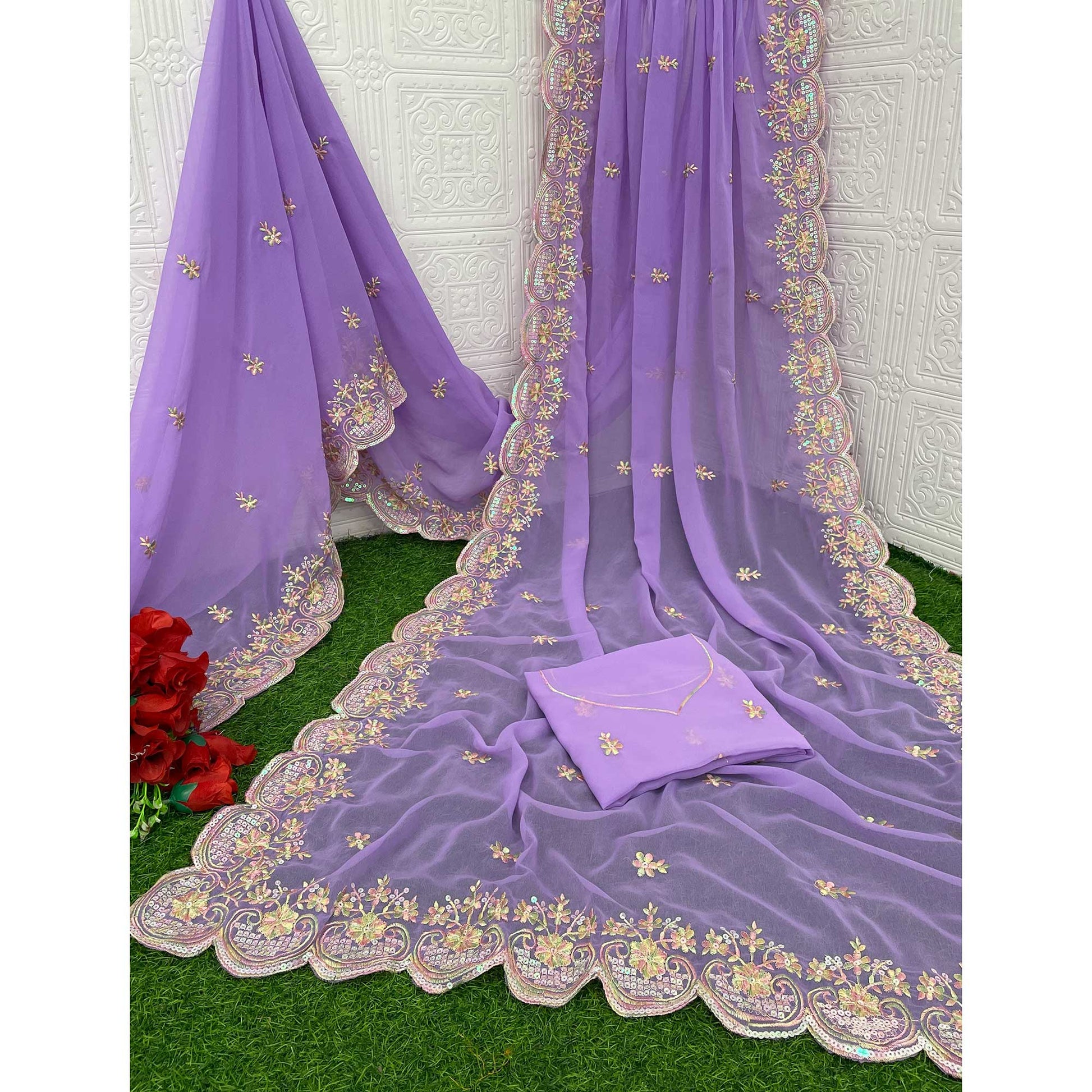 Lavender Floral Sequins Embroidered Georgette Saree