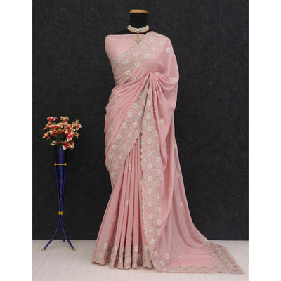 Dusty Pink Floral Sequins Embroidered Crepe Silk Saree