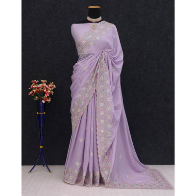 Light Purple Floral Sequins Embroidered Crepe Silk Saree