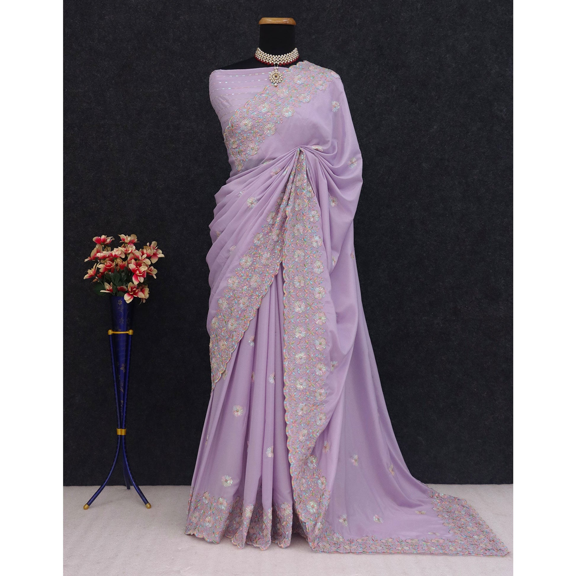 Light Purple Floral Sequins Embroidered Crepe Silk Saree