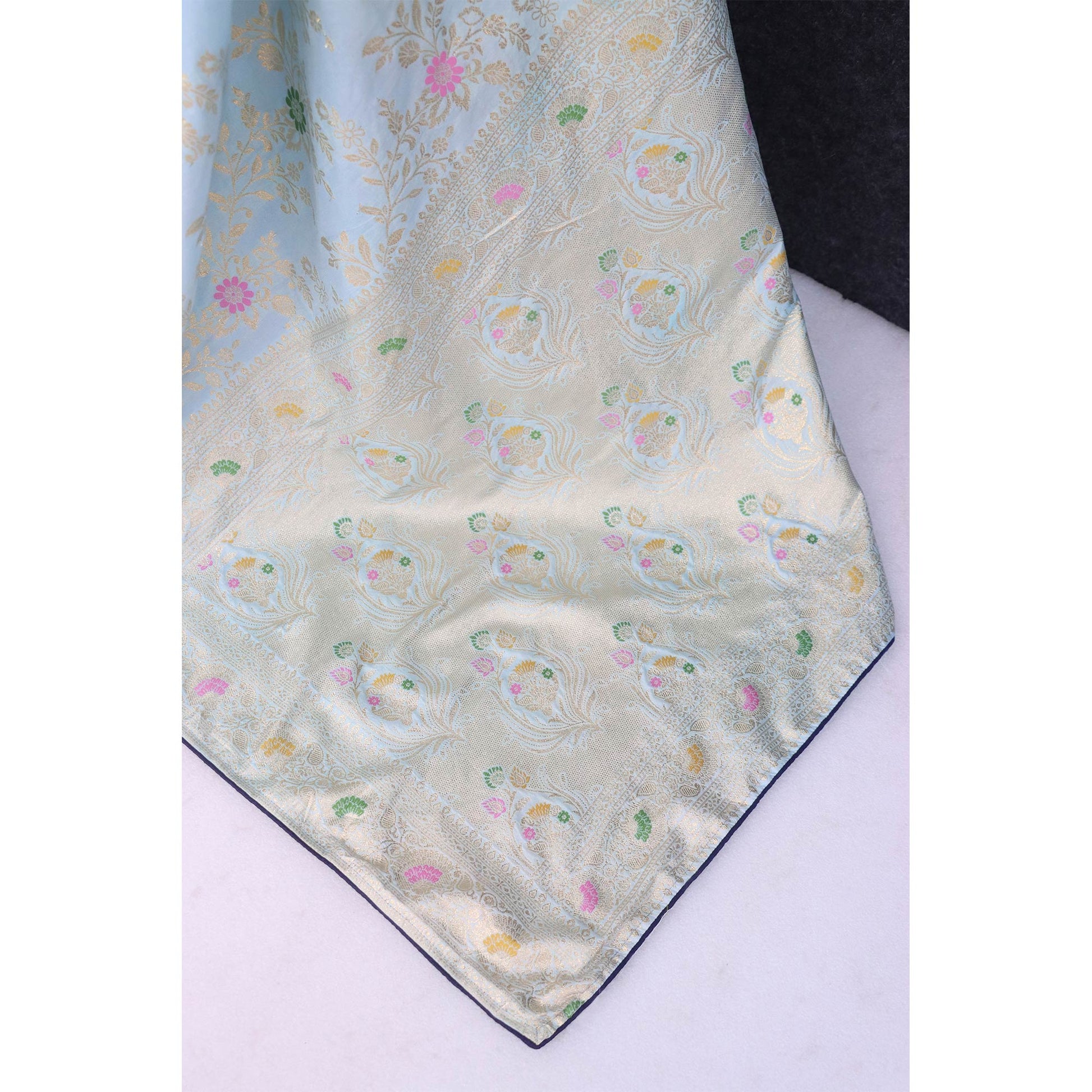 Light Sky Blue Floral Zari Work Woven Dola Silk Saree