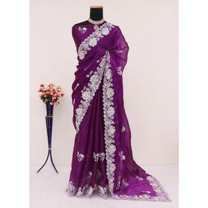 Magenta Floral Embroidered Satin Saree