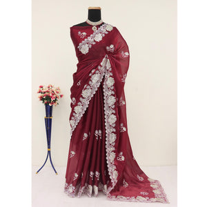 Maroon Floral Embroidered Satin Saree