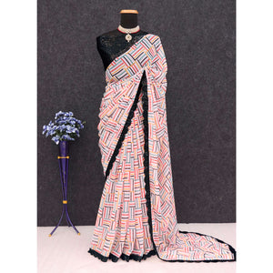 White Printed Georgette Saree With Sequins Border