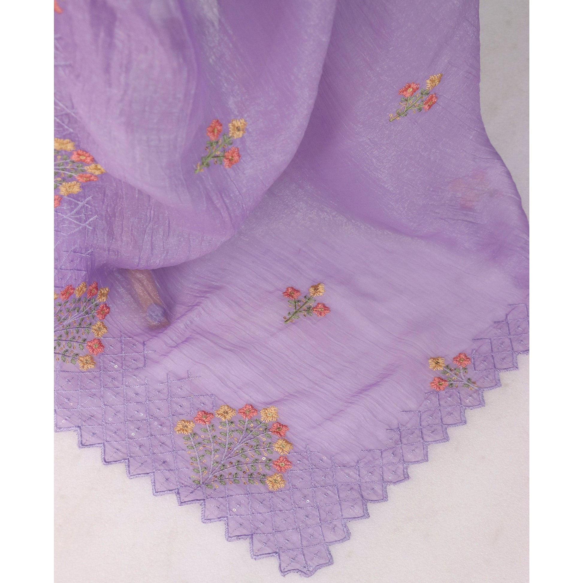 Lavender Floral Sequins Embroidered Art Silk Crush Saree