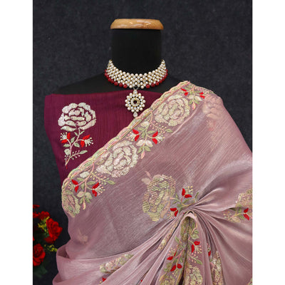 Light Pink Sequins Work Embroidered Chiffon Saree