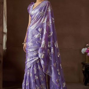 Lavender Floral Foil Printed Satin Silk Saree With Zarkan Border