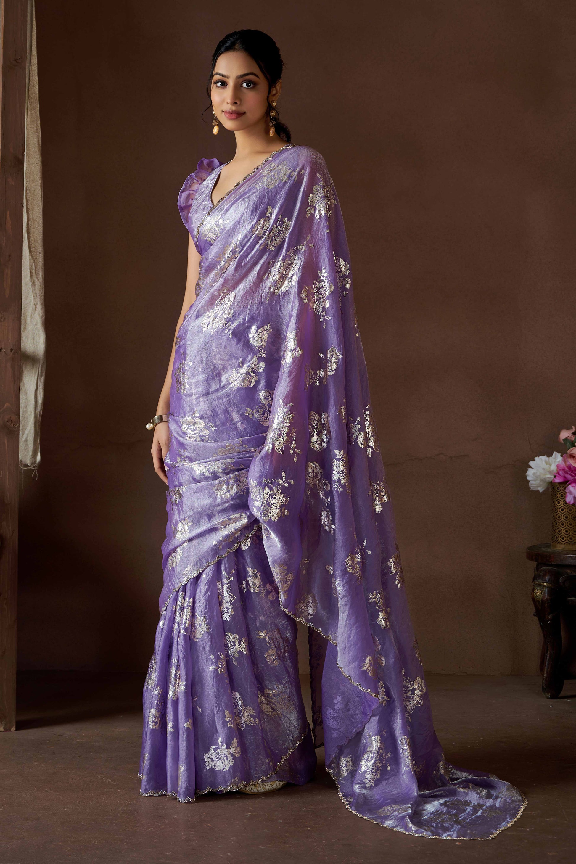 Lavender Floral Foil Printed Satin Silk Saree With Zarkan Border