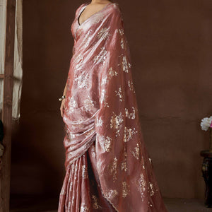 Dusty Rose Pink Floral Foil Printed Satin Silk Saree With Zarkan Border