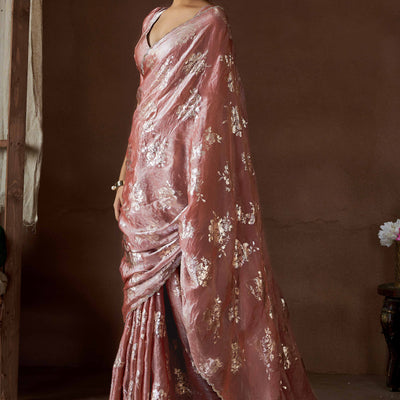 Dusty Rose Pink Floral Foil Printed Satin Silk Saree With Zarkan Border