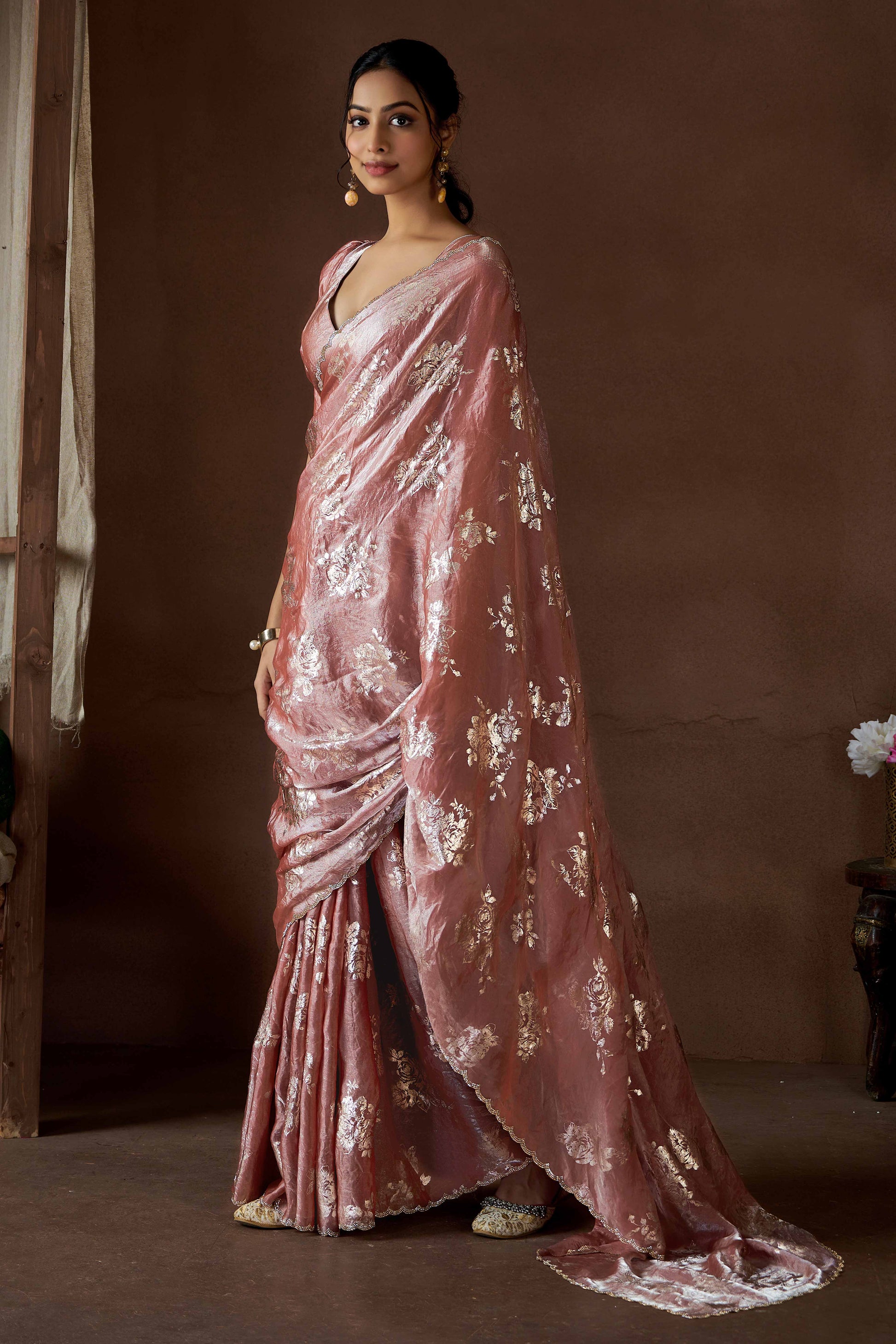 Dusty Rose Pink Floral Foil Printed Satin Silk Saree With Zarkan Border