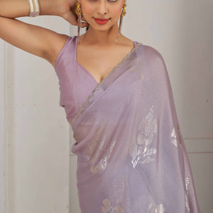 Lavender Floral Printed Stone Work Satin Saree