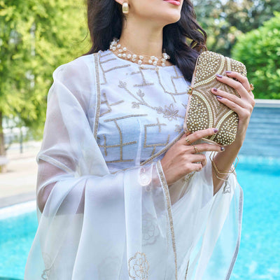 Light Blue Stone Work Embroidered Organza Saree