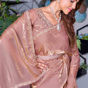 Brown Stone Work Embroidered Satin Silk Saree