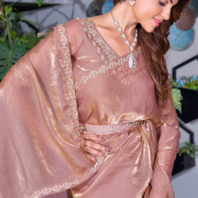 Brown Stone Work Embroidered Satin Silk Saree