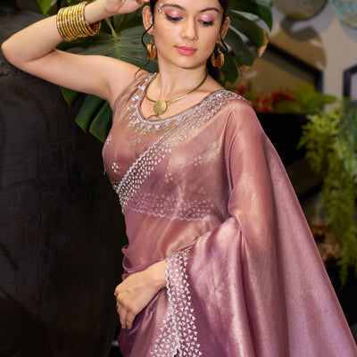 Mauve Solid With Zarkan Work Organza Saree