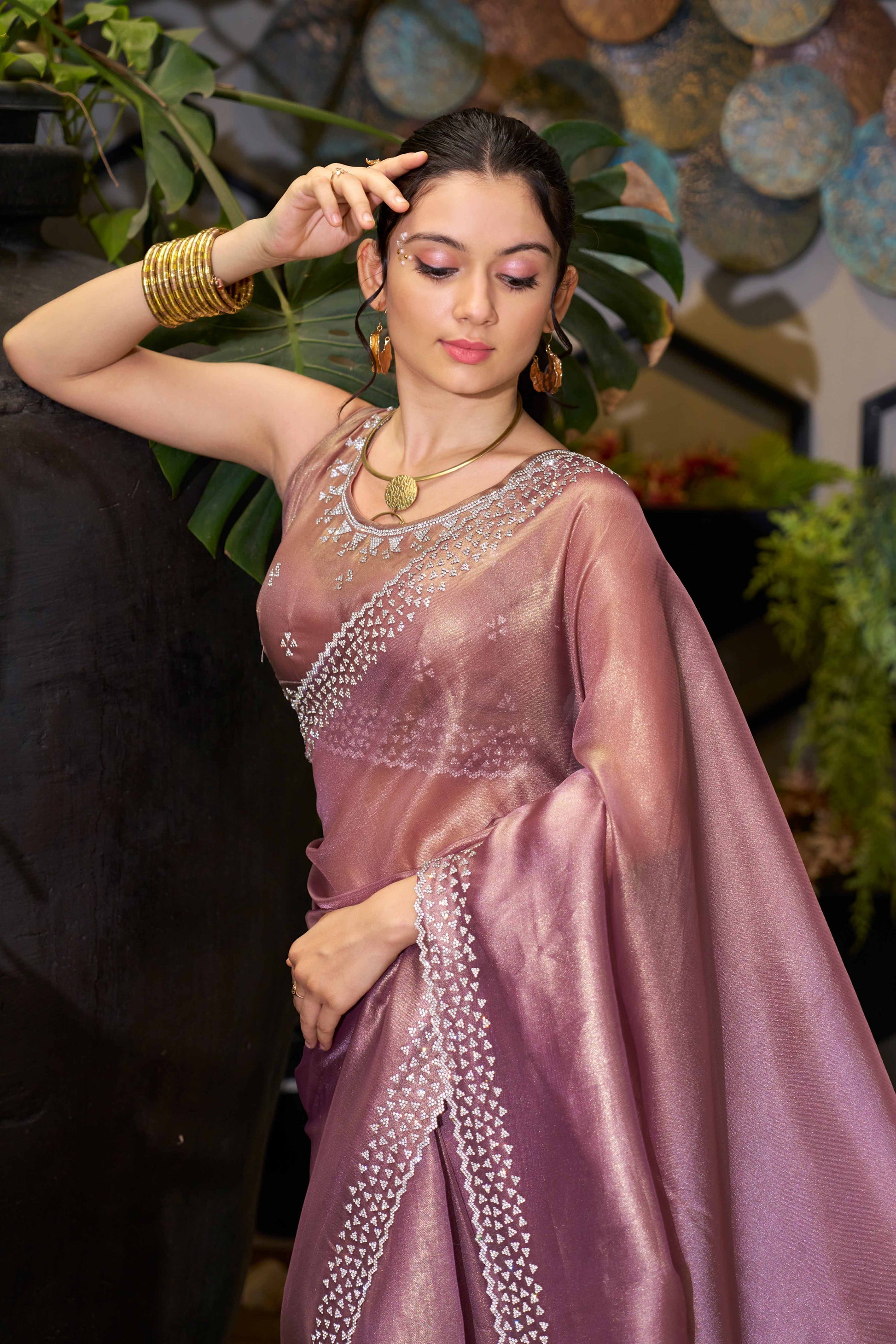 Mauve Solid With Zarkan Work Organza Saree