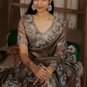 Dark Beige Floral Sequins With Zarkan Work Organza Saree