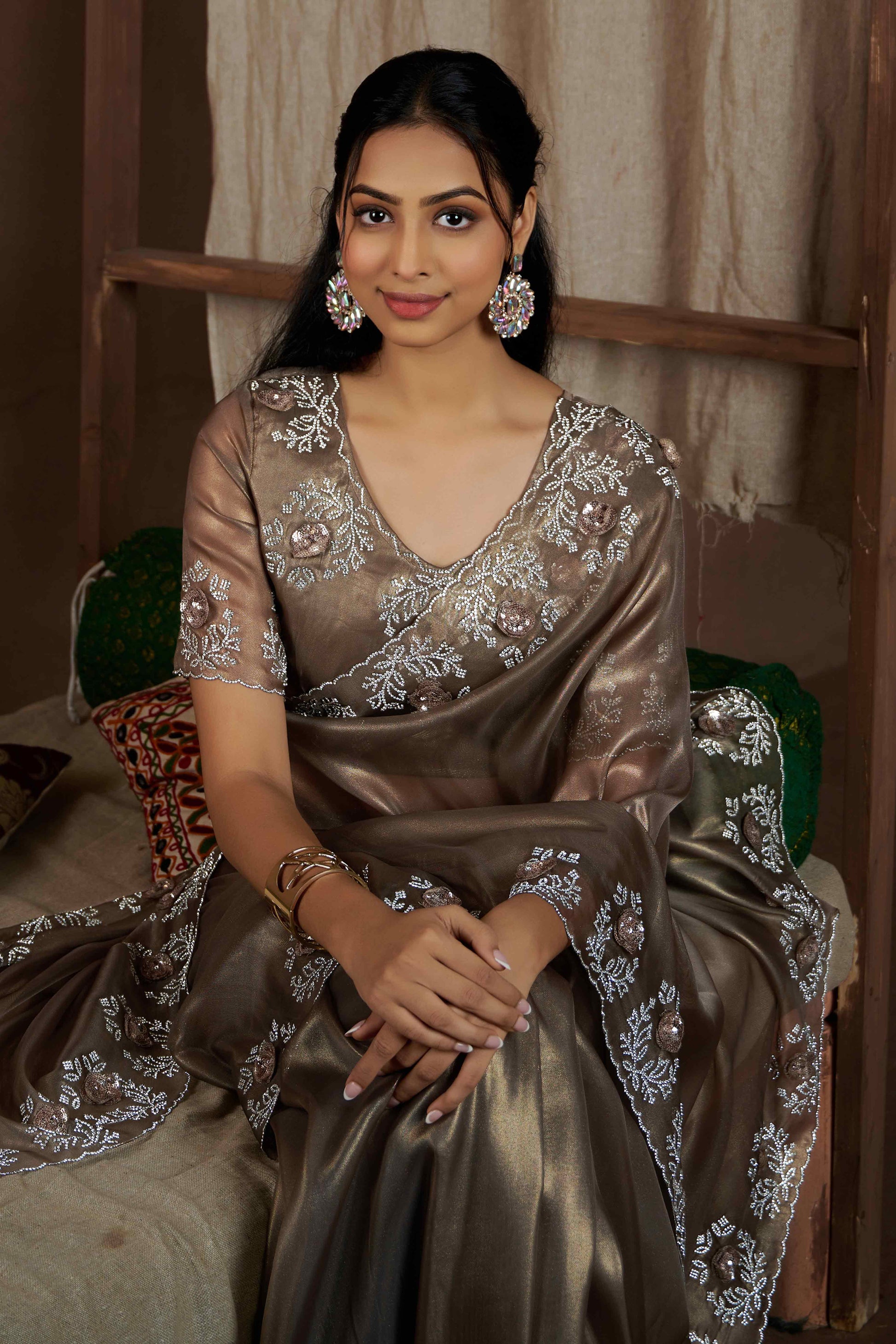 Dark Beige Floral Sequins With Zarkan Work Organza Saree
