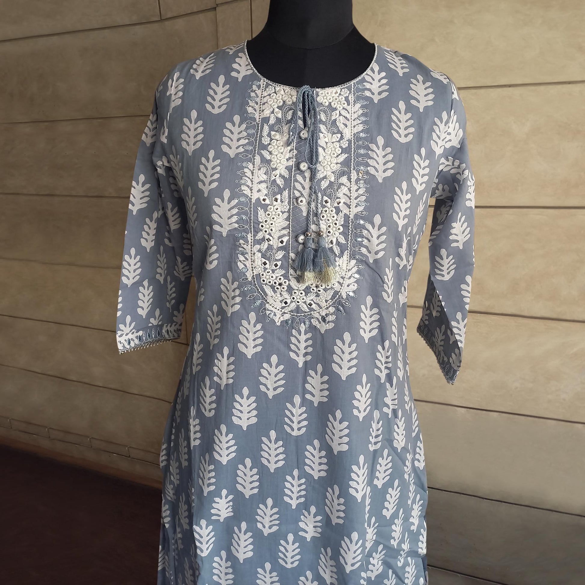 Grey Printed Pure Cotton Kurti Pant Set With Dupatta