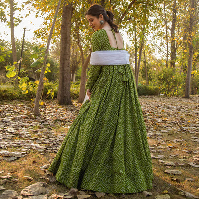 green-bandhani-printed-rayon-gown-with-dupatta