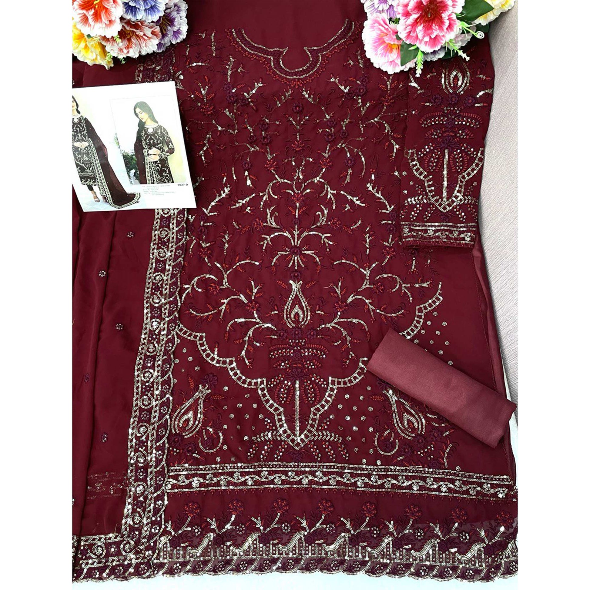 Maroon Sequins Embroidered Georgette Pakistani Suit