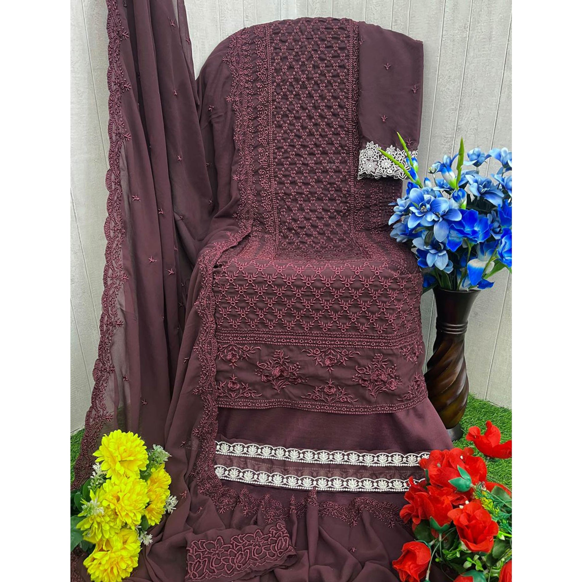 Brown Sequins Embroidered Georgette Dress Material