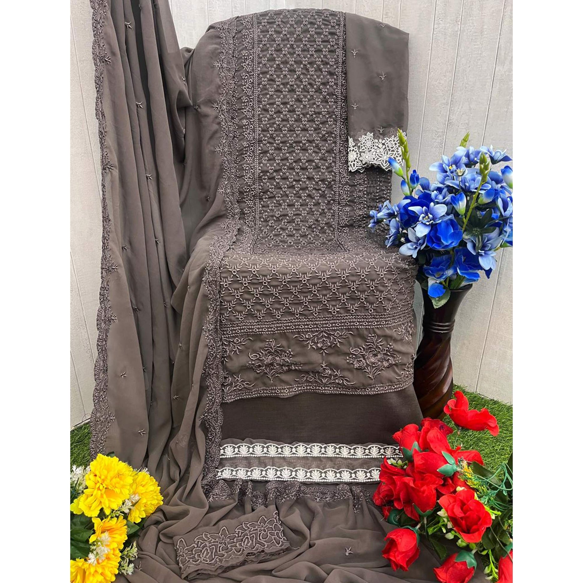 Dusty Grey Sequins Embroidered Georgette Dress Material