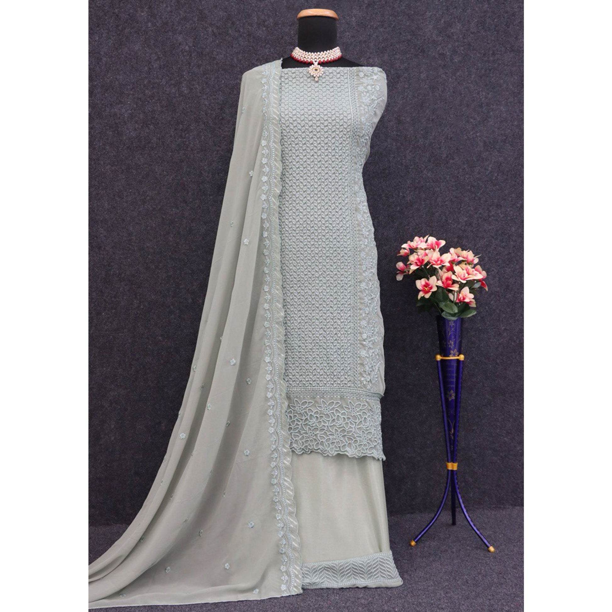 Dusty Pista Green Sequins Embroidered Georgette Dress Material