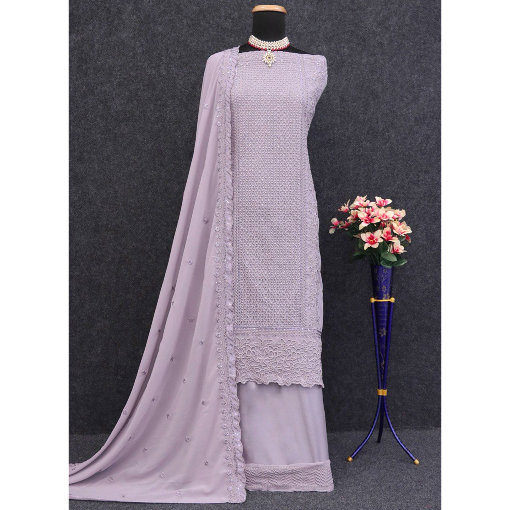 Dusty Purple Sequins Embroidered Georgette Dress Material
