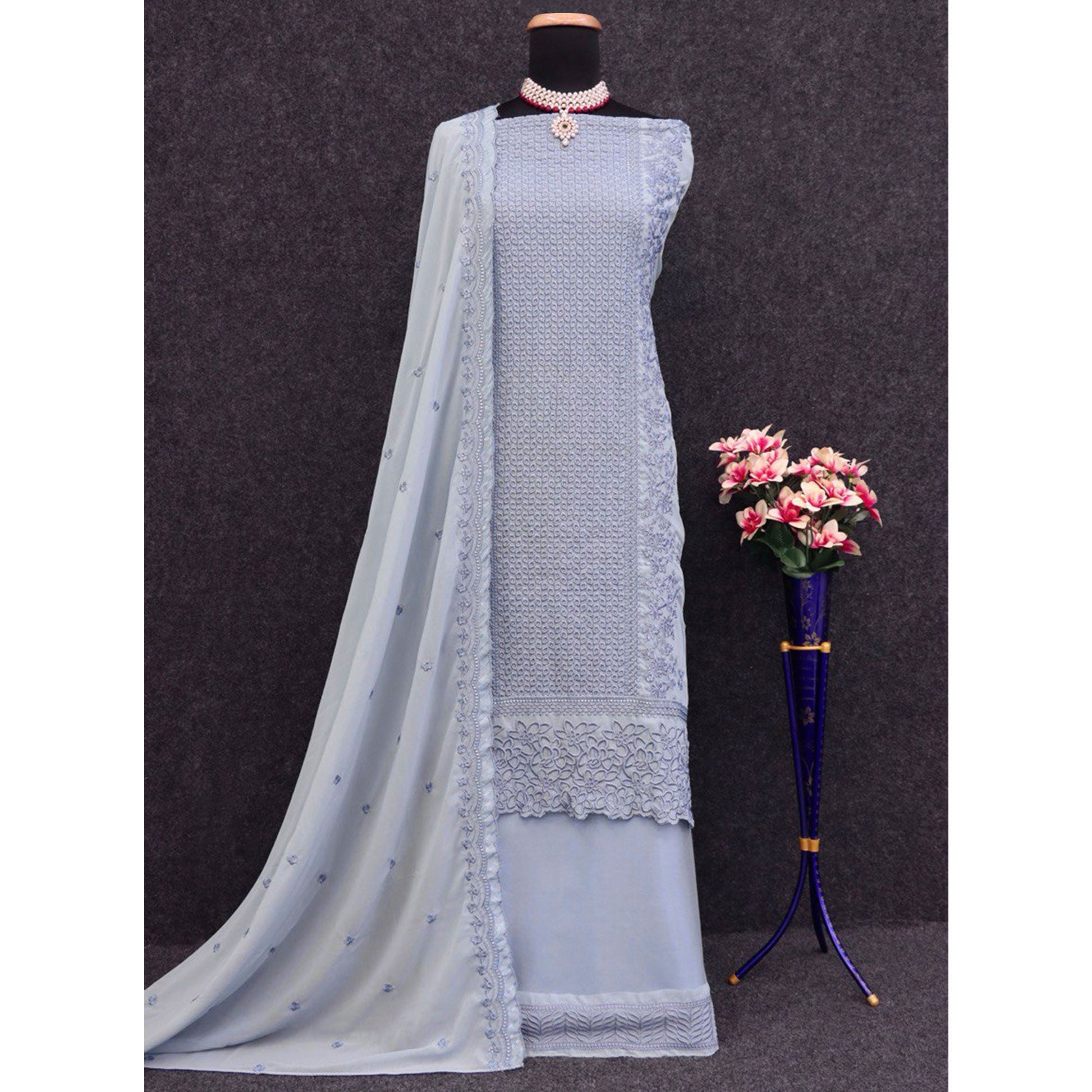 Dusty Lavender Sequins Embroidered Georgette Dress Material